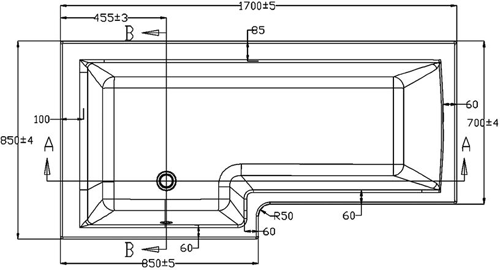 Technical image of Ultra Baths Shower Bath, Panel & Hinged Screen. (Left Handed) 850x1700mm.