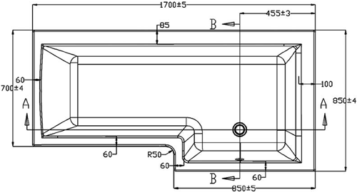 Technical image of Ultra Baths Shower Bath, Panel & Hinged Screen. (Right Handed) 850x1700.