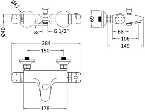 Technical image of Nuie Showers Exposed Thermostatic BSM Valve (2 Outlets, Chrome).