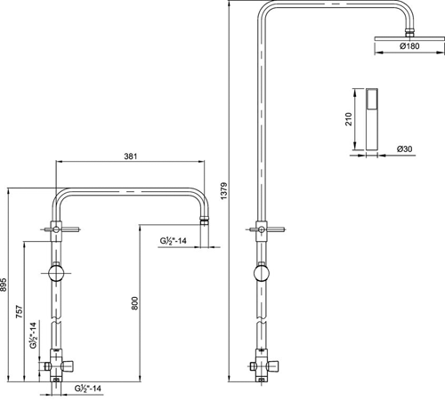 Technical image of Ultra Showers Minimalist Thermostatic Bar Shower Valve & Telescopic Riser Kit.