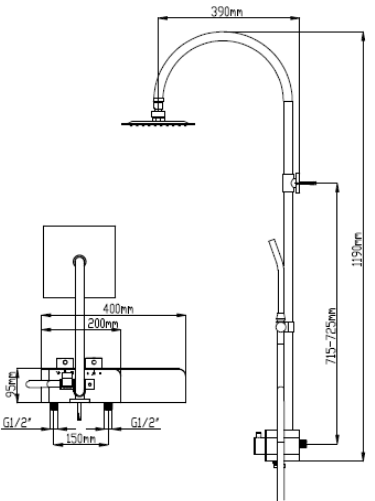 Technical image of Hudson Reed Showers Thermostatic Shower Valve With Rigid Riser & Shelf.