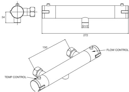 Technical image of Nuie Showers Thermostatic Cool Touch Bar Shower Valve (Chrome).