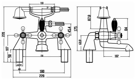 Technical image of Nuie Viscount Basin & Bath Shower Mixer Taps Pack (Small Handset).