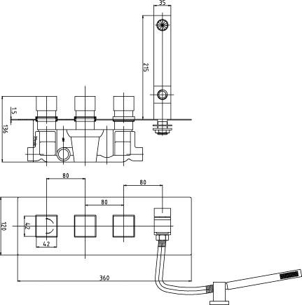 Technical image of Ultra Prospa Thermostatic Wall Mounted Bath Shower Mixer Tap.