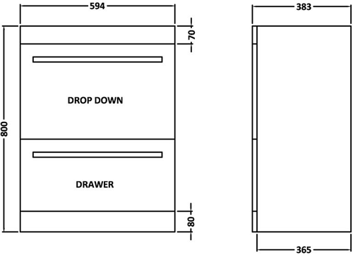 Technical image of Premier Cardinal Vanity Unit With Door & Drawer & Basin (White). 600x800mm.