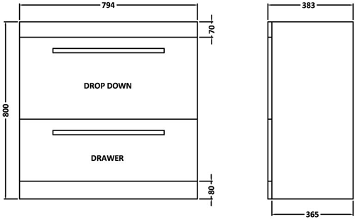 Technical image of Premier Cardinal Vanity Unit With Door & Drawer & Basin (White). 800x800mm.