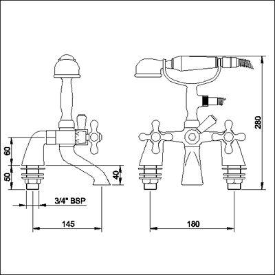 Technical image of Ultra Nostalgic Bath Shower Mixer with Small Handset (Chrome)