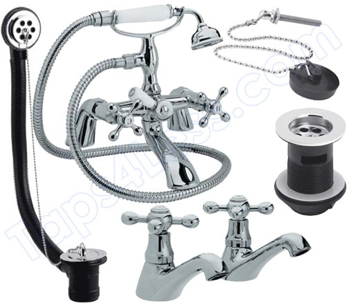 Larger image of Viscount Mixer Pack (Large Handset) With Basin Taps and Wastes.