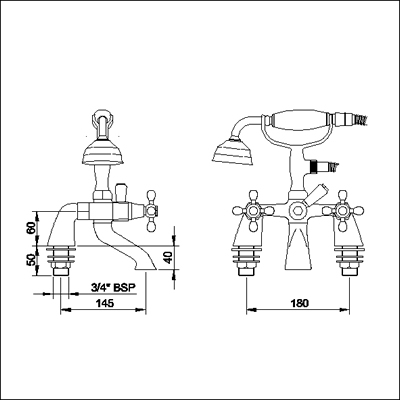 Technical image of Viscount Bath Shower Mixer, Lrg Handset (Antique Gold, Special Order)