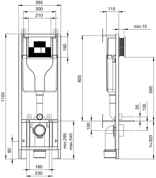 Technical image of Premier Ceramics Dual Flush Concealed WC Cistern & Frame.