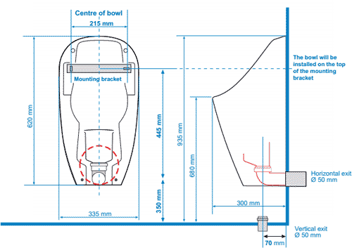 Technical image of Waterless Urinal 1 x Ceramic Compact Urinal With Trap & ActiveCube.