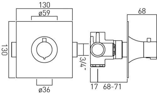 Technical image of Vado Altitude 2 Or 3 Outlet Thermostatic Shower Valve Kit With Diverter.