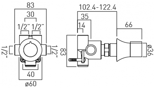 Technical image of Vado Altitude 2 Or 3 Outlet Thermostatic Shower Valve Kit With Diverter.