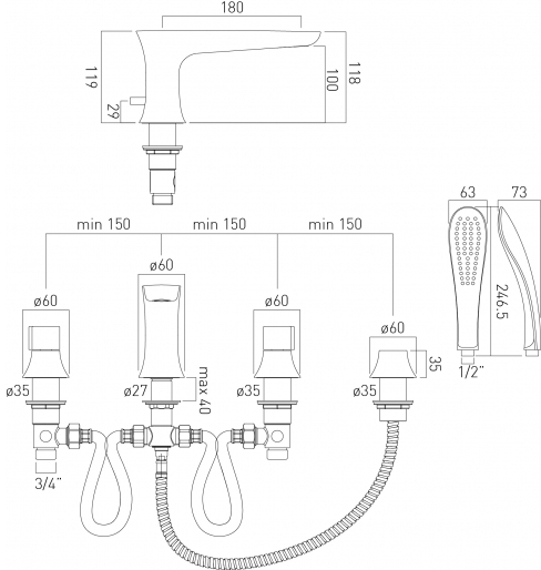 Technical image of Vado Altitude 4 Hole Bath Shower Mixer Tap With Kit (Chrome).