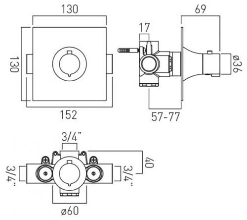 Technical image of Vado Altitude Concealed Thermostatic Shower Valve (Polished Gold).