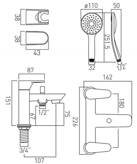 Technical image of Vado Ascent Bath Shower Mixer Tap With Kit (Chrome).