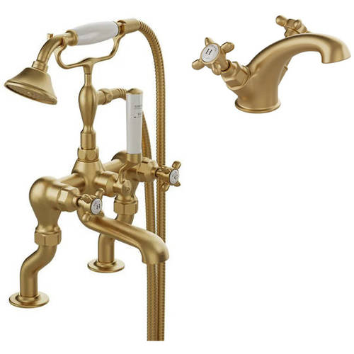 Larger image of Vado Axbridge Basin & Bath Shower Mixer Tap Pack With Crosshead Handles (Brushed Brass).