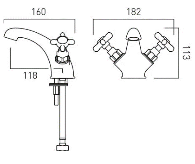 Technical image of Vado Axbridge Basin & Bath Shower Mixer Tap Pack With Crosshead Handles (Brushed Brass).