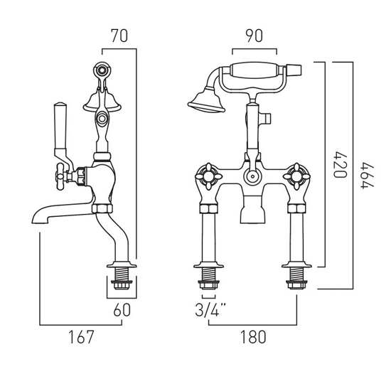 Technical image of Vado Axbridge Basin & Bath Shower Mixer Tap Pack With Crosshead Handles (Brushed Brass).