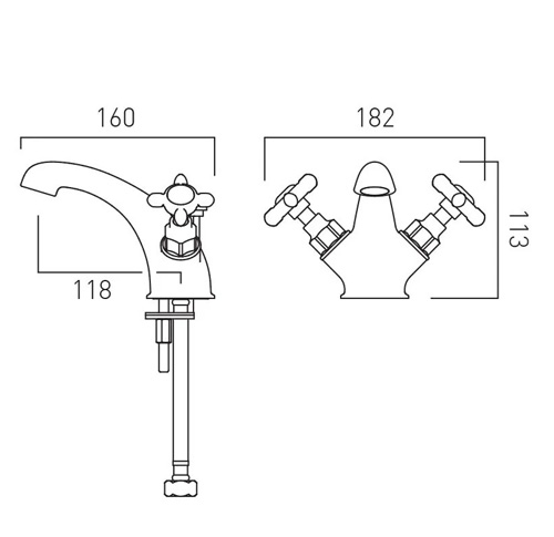 Technical image of Vado Axbridge Mono Basin Mixer Tap With Pop Up Waste & Crosshead Handles (Brushed Bronze).