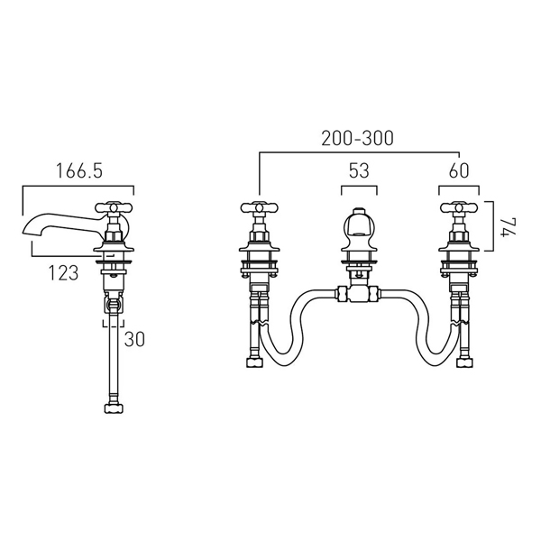 Technical image of Vado Axbridge 3TH Basin Mixer Tap With Pop Up Waste & Crosshead Handles (Brushed Nickel).