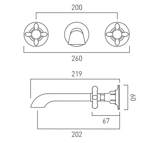 Technical image of Vado Axbridge Wall-Mounted Basin Mixer Tap With Crosshead Handles (Brushed Bronze, 3TH).