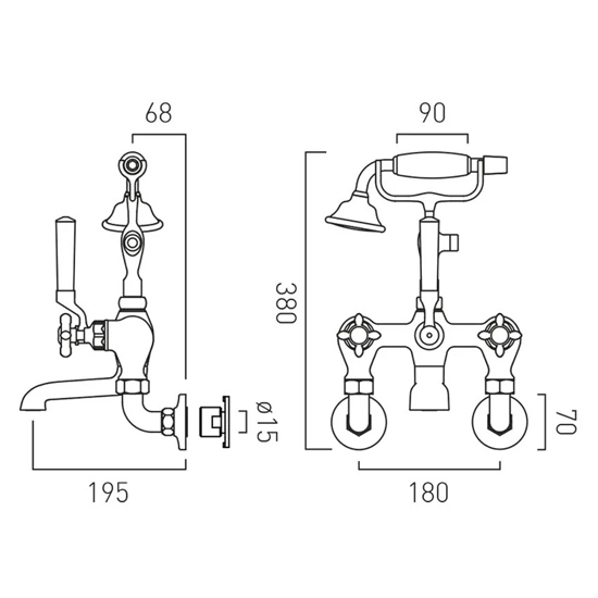Technical image of Vado Axbridge Wall-Mounted Bath Shower Mixer Tap With Crosshead Handles (Chrome).