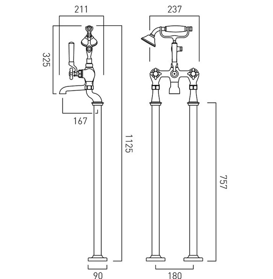 Technical image of Vado Axbridge Freestanding Bath Shower Mixer Tap With Crosshead Handles (Brushed Nickel).