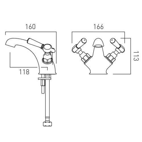 Technical image of Vado Axbridge Mono Basin Mixer Tap With Pop Up Waste & Lever Handles (Brushed Bronze).