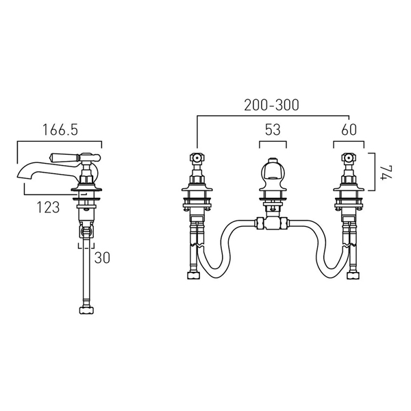 Technical image of Vado Axbridge 3TH Basin Mixer Tap With Pop Up Waste & Lever Handles (Brushed Bronze).