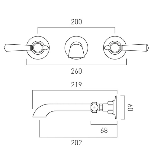 Technical image of Vado Axbridge Wall-Mounted Basin Mixer Tap With Lever Handles (Chrome, 3TH).