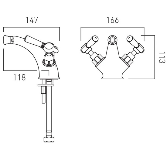 Technical image of Vado Axbridge Mono Bidet Mixer Tap With Pop Up Waste & Lever Handles (Brushed Nickel).