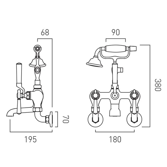 Technical image of Vado Axbridge Wall-Mounted Bath Shower Mixer Tap With Lever Handles (Brushed Bronze).