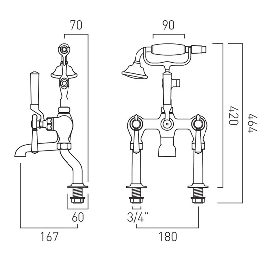 Technical image of Vado Axbridge Bath Shower Mixer Tap With Lever Handles (Brushed Nickel).