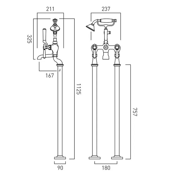 Technical image of Vado Axbridge Freestanding Bath Shower Mixer Tap With Lever Handles (Brushed Bronze).