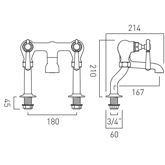 Technical image of Vado Axbridge Bath Filler Tap With Lever Handles (Brushed Bronze).
