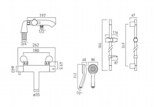 Technical image of Vado Shower Packs Thermostatic BSM Tap & Slide Rail Kit (Chrome).