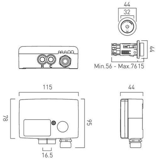 Technical image of Vado Sensori SmartDial Thermostatic Shower With 1 Shower Outlet (Chrome).