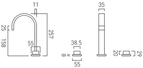 Technical image of Vado Geo Deck Mounted 3 Hole Basin Mixer Tap With Square Handles (Chrome).