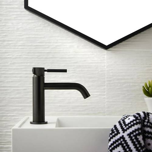 Example image of Vado Origins Slimline Mono Basin Mixer Tap With Knurled Accents (Brushed Black).