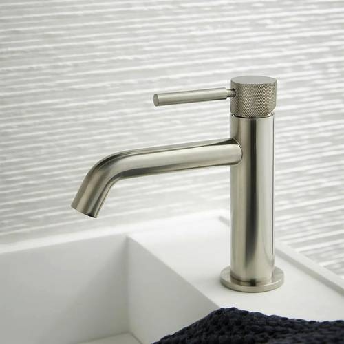 Example image of Vado Origins Slimline Mono Basin Mixer Tap With Knurled Accents (Brushed Nickel).