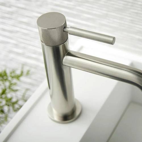 Example image of Vado Origins Slimline Mono Basin Mixer Tap With Knurled Accents (Brushed Nickel).