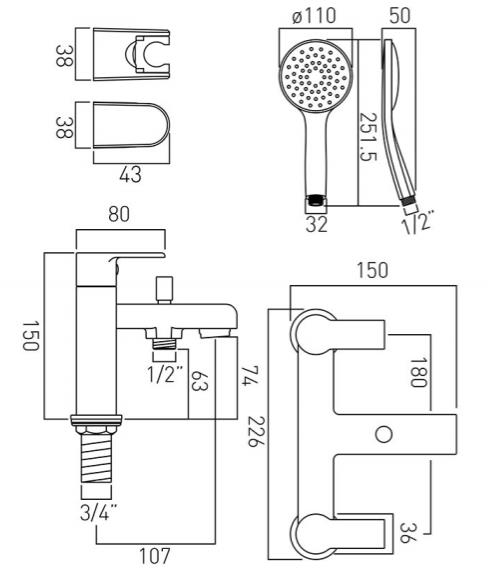 Technical image of Vado Ion Basin & Bath Shower Mixer Tap Pack With Kit (Chrome).