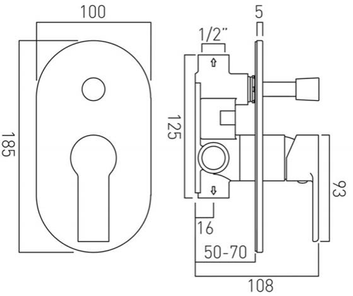 Technical image of Vado Ion Manual Shower Valve With Diverter & 2 Outlets (Chrome).