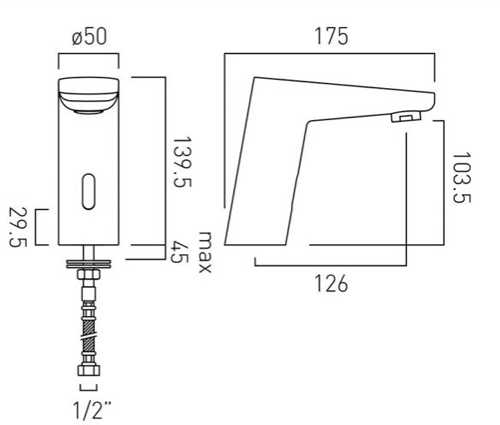 Technical image of Vado I-Tech Infra-Red Mono Basin Tap & In-Line Thermostatic Valve.