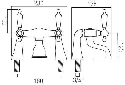 Technical image of Vado Kensington 3 Hole Basin Mixer & Bath Filler Tap Pack (Chrome & White).