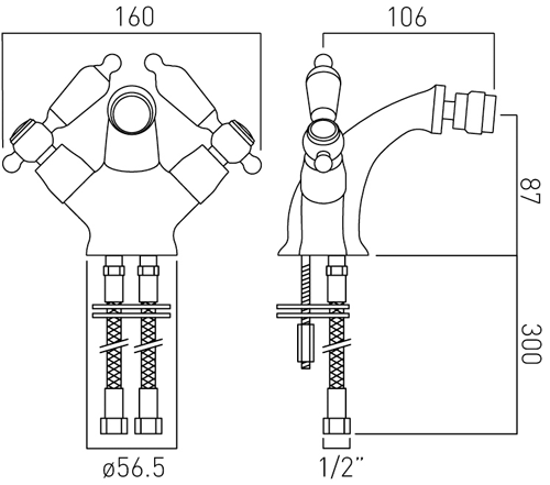 Technical image of Vado Kensington Basin & Bidet Mixer Tap Pack (Chrome & White).