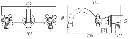 Technical image of Vado Kensington Wall Mounted Basin & Bath Filler Tap Pack (Gold & Black).