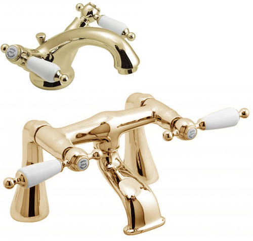 Larger image of Vado Kensington Basin Mixer & Bath Filler Tap Pack (Gold & White).