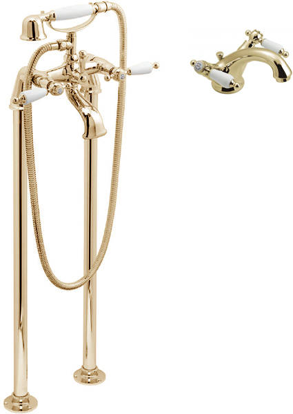 Larger image of Vado Kensington Basin Mixer & Floorstanding BSM Tap Pack (Gold & White).